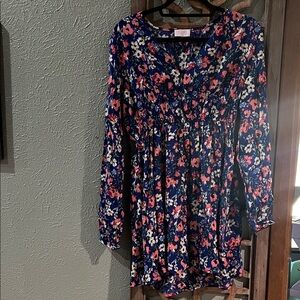 Pink Lily Navy Floral Long Sleeve Mini Dress with Pink & Cream Flowers